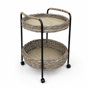 2 Tier Trolley with castor, base shelf with plywood cover with rattan webbing